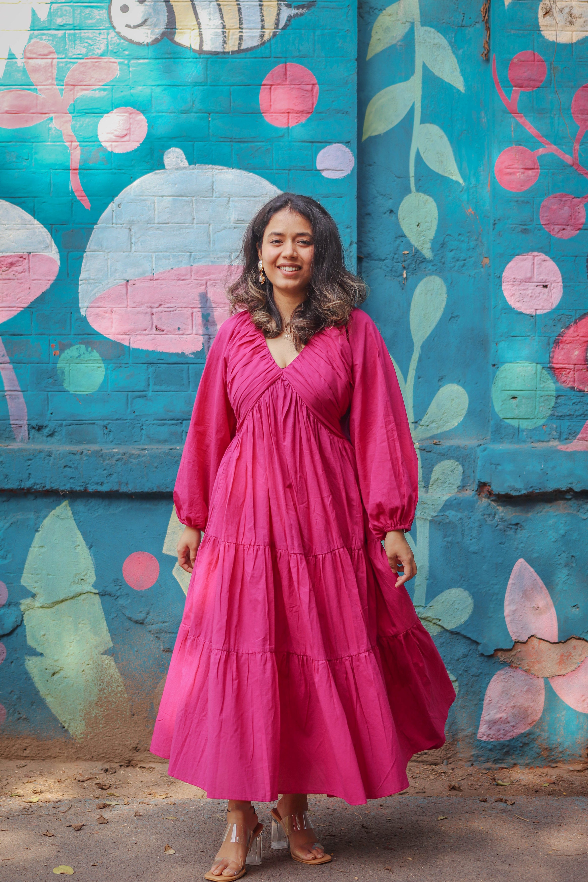 pink margarita dress Margarita Pink Godet Ruffled Midi Dress